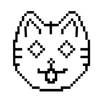 Pixel art cat face with playful expression, outlined in black minimalistic digital kitten icon on white background vector
