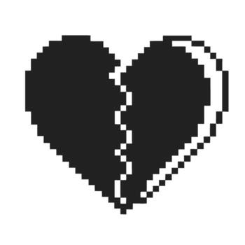 Pixelated broken heart icon black and white retro digital symbol, 8 bit game style, emotional relationship breakup motif vector