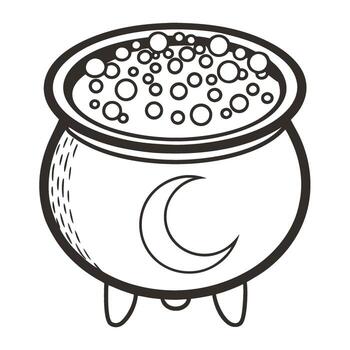 Magic cauldron with bubbling potion and crescent moon symbol witchcraft and alchemy fantasy element, black and white drawing vector