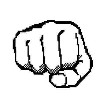 Pixel art clenched fist punching forward black and white digital icon, retro style, power and strength gesture vector