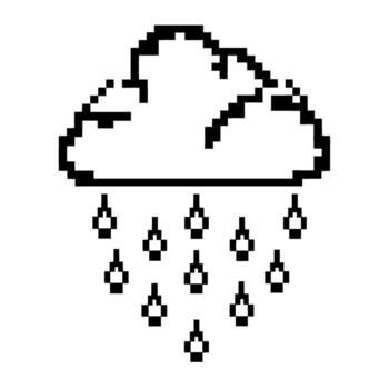 Pixelated rain cloud icon minimal black and white weather symbol, digital precipitation, retro forecast display vector