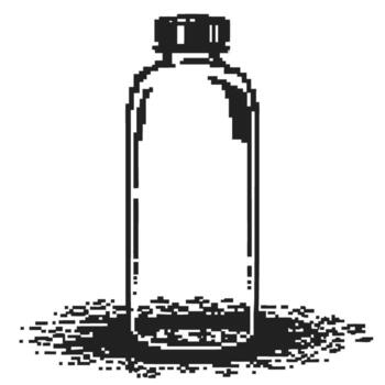 Minimalist transparent glass bottle illustration, pixel art simple outline, isolated object on white background vector