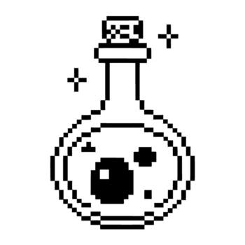retro píxel Arte poción botella, mágico elixir en negro y blanco fantasía rpg alquimia concepto, pixelado icono, Clásico juego articulo vector
