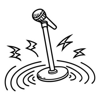 Microphone with sound waves standing mic illustration with audio signals, communication and broadcasting concept vector