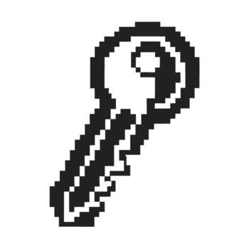 Pixel art black and white key icon, retro minimal design digital access, security concept, isolated on white background vector