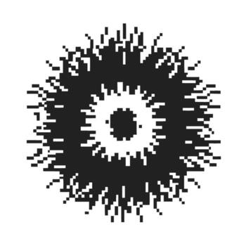 Abstract black pixelated circular shape with radial symmetry and organic edges, digital art, modern graphic design element vector