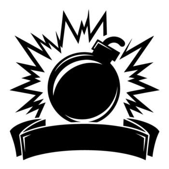 Explosive bomb icon with lit fuse and burst lines black silhouette design, danger warning, blank ribbon banner vector