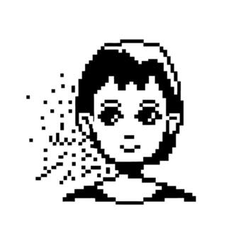 Pixel art young boy portrait, retro computer graphics minimal black and white drawing, digital face avatar, 8 bit vector