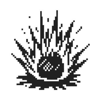Pixel explosion icon black and white retro burst, dynamic energy impact, digital destructive effect, abstract destructive force vector