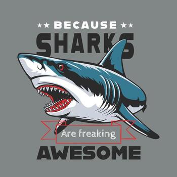 Aggressive shark with open mouth, paired with bold typography on grey vector