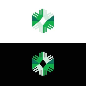 Green hands logo design for unity collaboration community support and teamwork symbol template vector