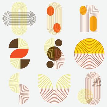 Abstract geometric shapes set with colorful concentric lines and modern design in retro style on white background vector