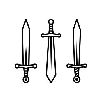 Three black outline swords displayed vertically on white background weapon medieval vector