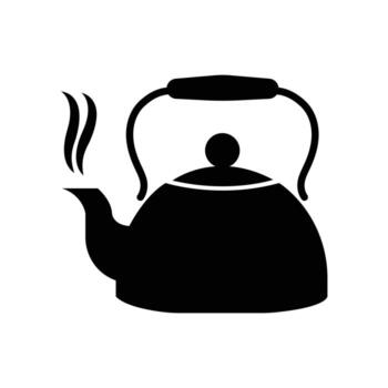 Black silhouette displays a steaming kettle with a curved handle and spout on white background vector