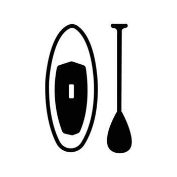 Simple black and white paddleboard with paddle on a white transparent background vector