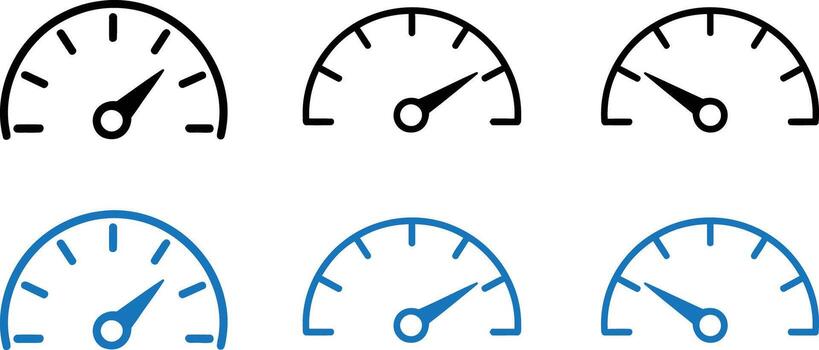 conjunto de seis velocímetro iconos, Tres negro y Tres azul, en un transparente antecedentes vector