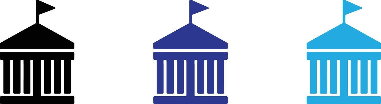Three stylized icons of a building with columns and a flag on top, isolated on a transparent background vector