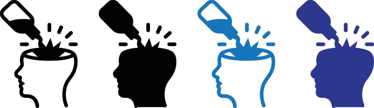 Set of four icons depicting a bottle pouring liquid into an open head, isolated on transparent background vector