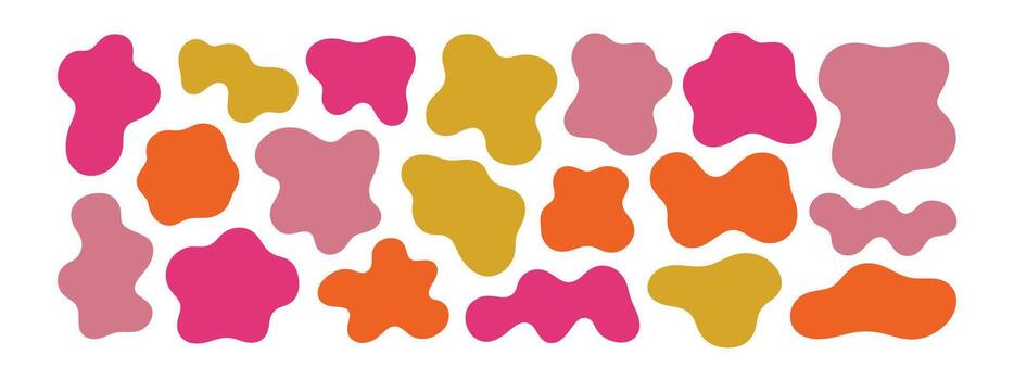 A collection of vibrant, irregular shapes in pink, orange, and yellow, scattered across a clean white background, creating a playful and energetic abstract pattern. vector