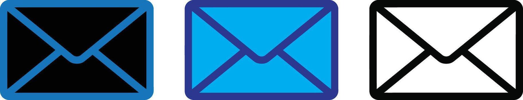 Three envelope icons in different styles black, blue, and outline, isolated on transparent background vector