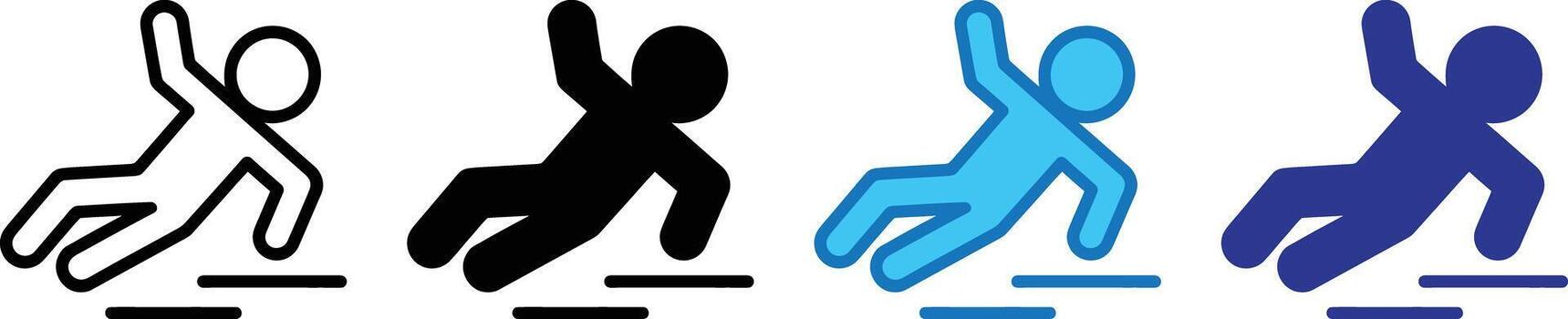 Set of four icons representing a person slipping and falling on a wet surface, isolated on transparent background vector