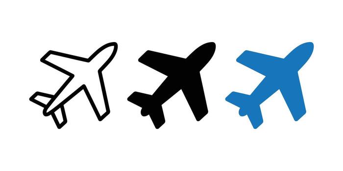 Three airplane icons in different styles outline, solid black, and solid blue, isolated on white background vector