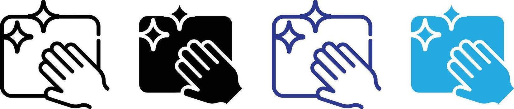Set of icons representing cleaning a surface with a hand and a cloth, isolated on transparent background vector