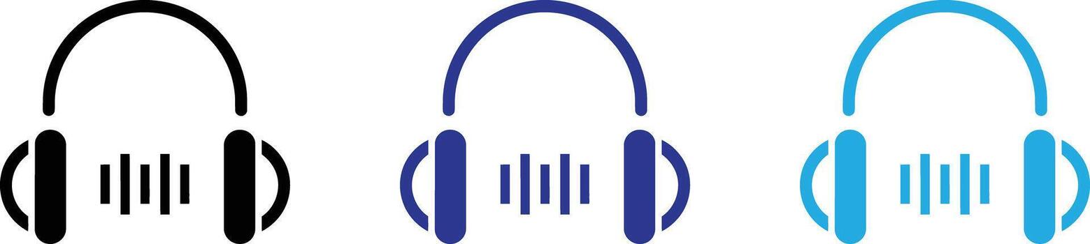 Set of three headphone icons with audio waveform, isolated on transparent background vector