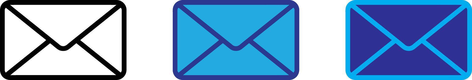 Three envelope icons in different styles outline, solid blue, and neon blue, isolated on transparent background vector
