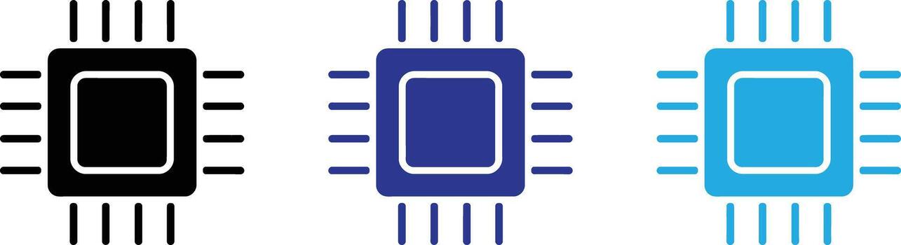 Set of three microprocessor icons in black, dark blue, and light blue on a transparent background vector