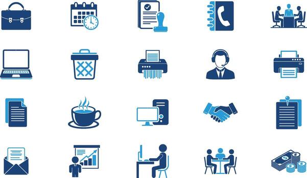 Office Icons Set, Work, Computer, Meeting, Documents, Communication, Finance Silhouette icons Set vector