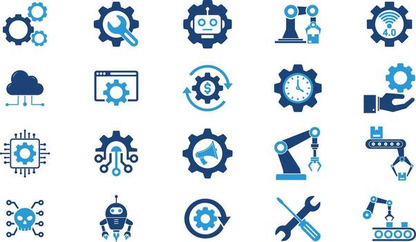 industria 4.0 automatización robótica, ai, inteligente fabricación, nube informática silueta íconos conjunto vector
