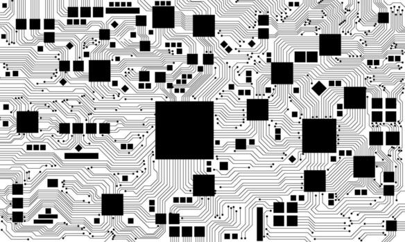 Black circuit board technology connected lines electronics elements computer motherboard chip processor semiconductor digital on white vector