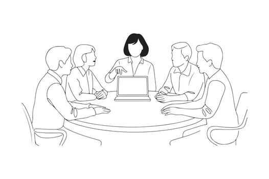 Art of business meeting with team around table and laptop vector