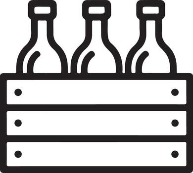 Three outline bottles in wooden crate simple line art icon for beverage and drink vector