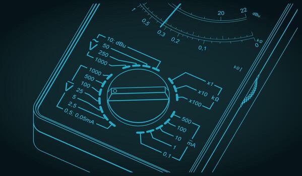 Pointer multimeter measure close-up isometric blueprint vector