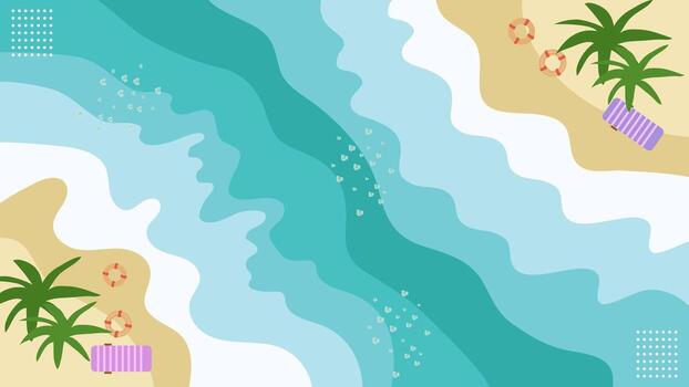 Beach Flat Illustration Banner Background with Abstract Waves, Palm Tree, Lifebuoy, and Sand Texture vector