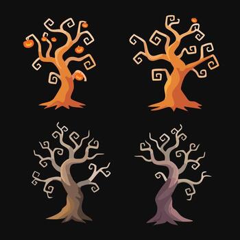 Trees Flat Set for Halloween Elements.Spooky Dead Tree with Curly Branches Illustration. vector