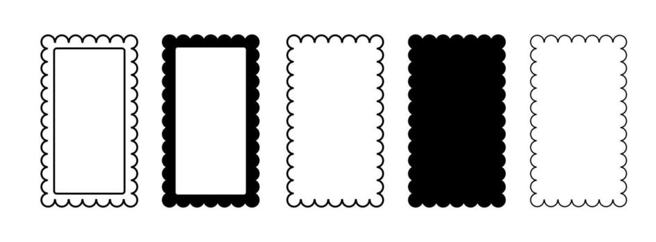 Border frame scallop edge rectangle shapes set. Wave scallop squiggle cute simple rectangle border set. Simple wavy squiggly line retro photo picture frame. vector