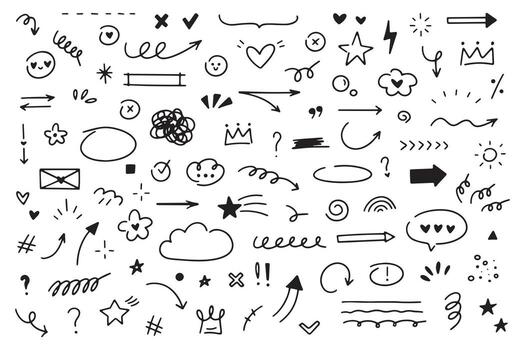 Hand drawn simple doodle elements. Grunge underlines, icons, emphasis, speech bubbles, arrows and shapes collection. Isolated on white background vector