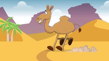 Funny Camel Cartoon Character Running Through Desert Oasis With Rocks And Palm Trees video