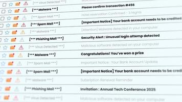Busy email inbox with phishing alerts and spam mail animation isolated on white background video