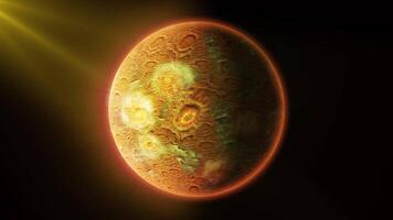 en omfattande planet med en klippig, texturerad yta och meteorit kratrar banor i Plats. video