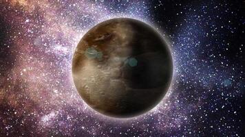 een driedimensionaal planeet met een getextureerde oppervlakte en meteoriet kraters draait in ruimte. video