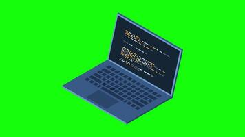isométrico computador portátil animação. programação em computador portátil conceito com programa código. programa código em uma computador portátil tela. isométrico tecnologia. 4k animado dentro isométrico estilo video
