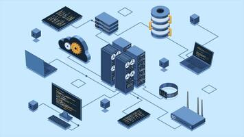 Isometric cloud technology with server animation. Isometric server and hosting storage technology. Web hosting concept. Isometric technology. 4K animated in isometric style, video