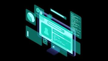 Computer monitor animation with blue virtual holographic projections with graphs and charts for data analysis. Analytics data on monitor. Transparent background with alpha channel. video