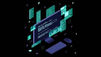 computer tecnologia animazione. del desktop computer piattaforme. Software programmazione codifica concetto. codice con computer tenere sotto controllo. trasparente sfondo con alfa canale video
