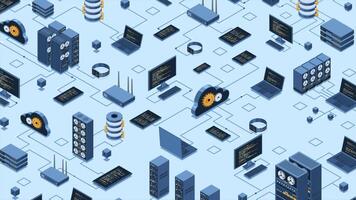 isométrico dados rede gestão animação. nuvem armazenamento dados e sincronização do dispositivos. rede, base de dados, nuvem armazenar. isométrico tecnologia. 4k animado dentro isométrico video