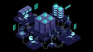 isométrico dados Centro ou servidor quarto animação. dados Centro conexão rede. nuvem armazenar. isométrico Alto tecnologia conceito. transparente fundo com alfa canal. video
